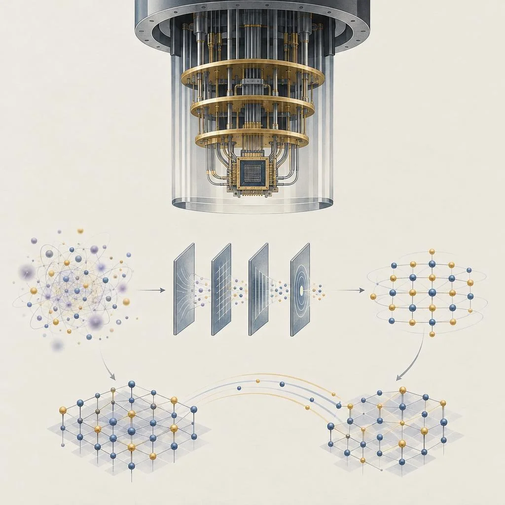AI-generated illustration showing a quantum processor in a cryogenic chamber, abstract filters organizing noisy states, and transfer between two error-correction lattices. The conceptual image in blue, gold and dark graphite is not an actual device photograph or measured data.