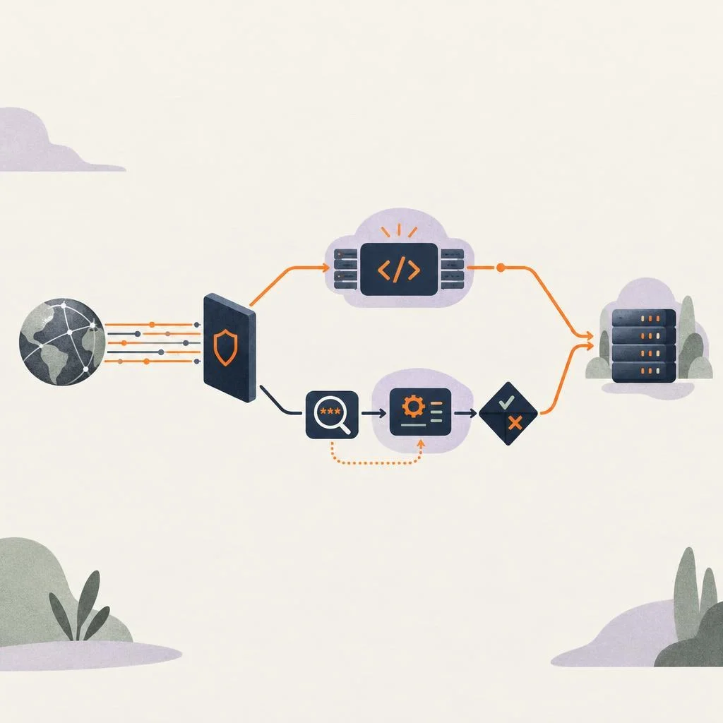 AI-generated conceptual illustration: In an orange and dark navy network diagram, HTTP traffic branches from a security checkpoint into a processing module represented by code brackets; a parallel DLP flow connects to custom validation before a policy decision. No text or logos.